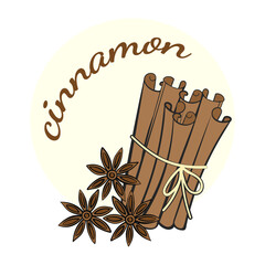 Illustration of cinnamon sticks and star anise with the text Cinnamon. Vector illustration