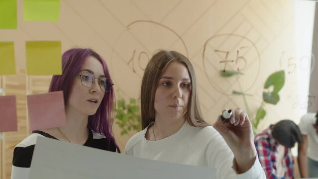 Caucasian women draw with a marker on glass wall looking at a drawing, teamwork. Concept of the team, team building. Office of freelancers engaged in one project