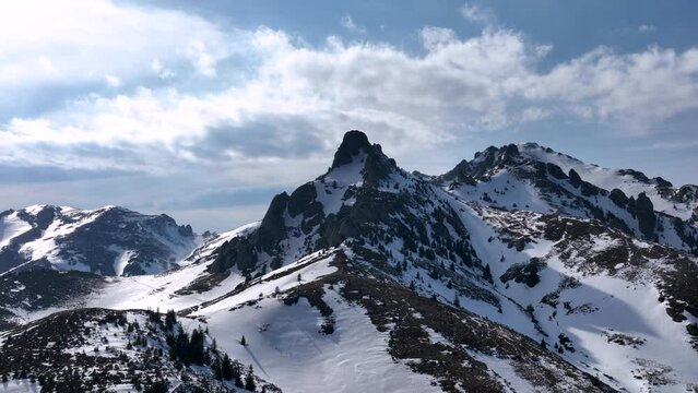 Aerial drone footage of Ciucas Mountain summit. Top of the mountain. Sunny day