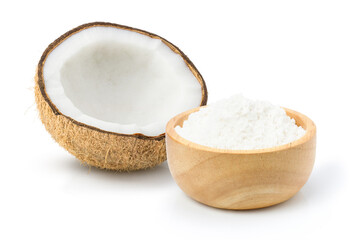 Fototapeta na wymiar Coconut fruit and dry coconut powder isolated on white background.