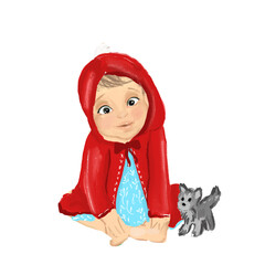 illustration of a cute little girl in a little red riding hood costume with a toy stuffed wolf.
Illustration of a toddler girl in a cute red ress isolated on white