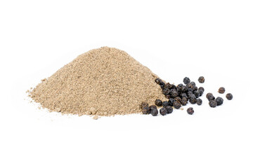 Pile of pepper powder and black pepper seeds (peppercorns ) isolated on white background.