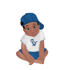 Illustration of a cute African American baby boy in a blue baseball hat and shorts. Cute black toddler in a white and blue outfit isolated on white