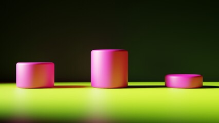 3d rendering. Light from the right illuminating three pink cylinders that form a podium.