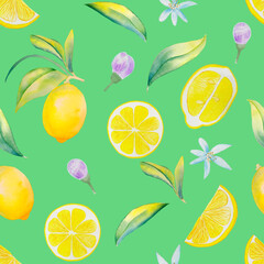 Lemon on a branch and lemon slices with leaves seamless pattern. Hand drawn watercolor illustration of ripe citrus fruit. Endless tropical background. Lemon tea and lemonade motif.