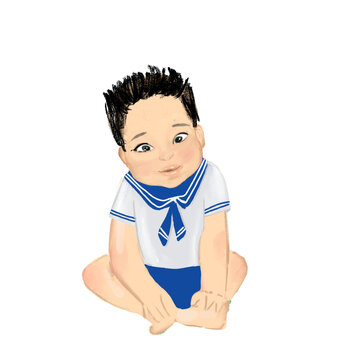 Illustration of a  cute Asian baby boy in a nautical outfit.  Cute toddler  with spiky hair in a sailor outfit, isolated on white 