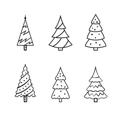 Collection of Christmas trees with outline. Vector set of flat Christmas trees for the holiday. Christmas trees for print and web design isolated on white background