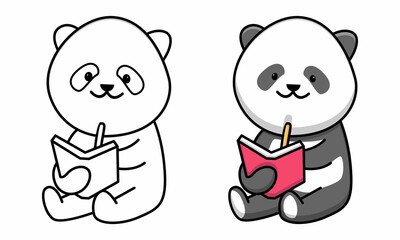 Cute panda reading book coloring page for kids