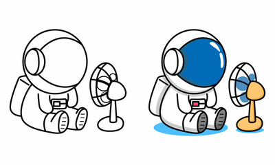 Cute astronaut with fan coloring page for kids