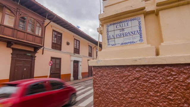 Beautiful spanish style colonial street of la candelaria neighborhood in bogota colombia