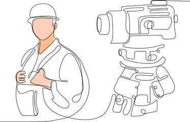 Fototapeta premium Close up of young Caucasian worker with helmet on head using tablet for work while standing in warehouse. Surveyor with a tripod icon. Geodesic tripod. Vector illustration
