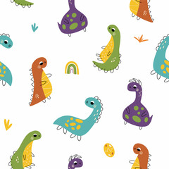 Seamless pattern with dinosaurs in bright colors. Colorful cute vector illustration perfect for nursery decoration, holiday decor, posters and textiles.