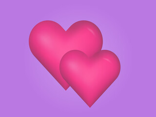 Two red hearts 3d. Symbol of love, romantic relationship, wedding. Design element, holiday invitation, postcard, cover. Vector banner, poster for party design. Heart shape, decoration for valentine