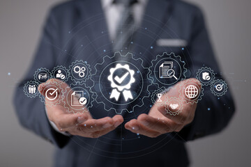Idea of quality control based on ISO standards, assurance guarantee concept of gears and cogs.