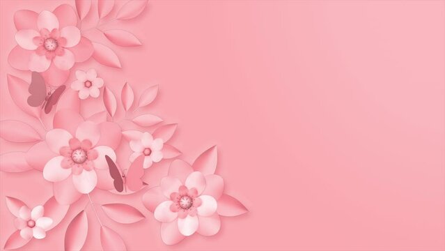 Light pink background with flowers and leaves, loop animation, 3D render