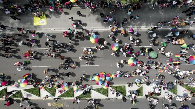 cenital drone shot of people celebrating pride parade at mexico city