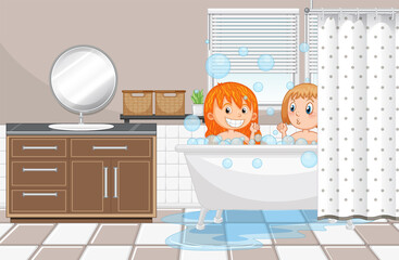Happy kids playing bubbles in bathtub