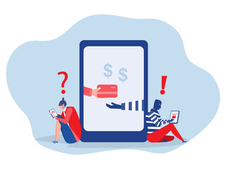 A woman on the phone screen and the scammer stealing a bank card from  attack on call or online banking appScammer,phishing fraud, scam phone,vector illustration. - obrazy, fototapety, plakaty