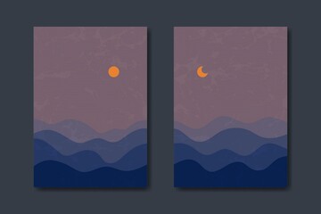 Fototapeta premium Set of three Abstract Aesthetic mid century modern landscape Contemporary boho poster cover template. Minimal and natural Illustrations for art print, postcard, wallpaper, wall art, home decor.