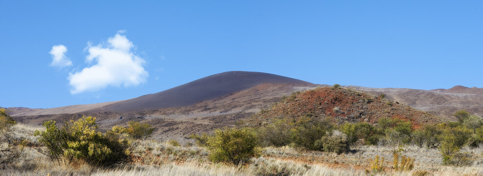 A hill near the largest volcano with copy space called Mauna Loa in Hawaii. Landscape in the summer with dry grass and green plants. Beautiful scenery on a sunny afternoon and a grassy mountain view