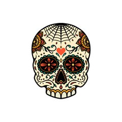 Illustration of mexican sugar skull. Design element for emblem, sign, poster, package design. Vector illustration
