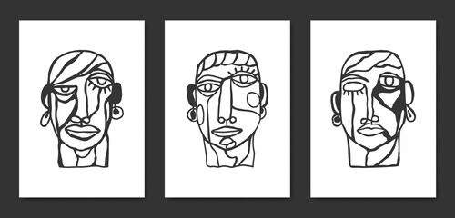 Abstract Aesthetic mid century modern shape Contemporary boho poster cover template. Black & White Face Illustrations for art print, postcard, wallpaper, wall art, home decor.