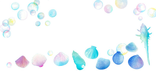 水彩で描いた貝殻と泡のイラストフレーム
