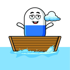 cute cartoon capsule medicine get on boat in vector character illustration