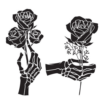 Monochrome Skeleton holding rose flower vector illustration