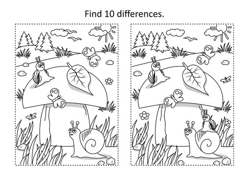 Find ten differences picture puzzle and coloring page with big yummy mushroom and mom and kids snails
