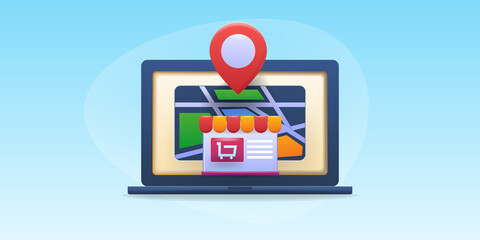 Local SEO - small business store map pin location on laptop screen, ecommerce business - 3d concept of vector illustration.