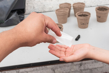 hand of an adult man holding bag with organic seeds to put some in the hand of a child