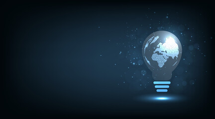 Futuristic sustainable energy concept. low polygonal line drawing of planet earth as a light bulb on dark blue background. © Chor muang