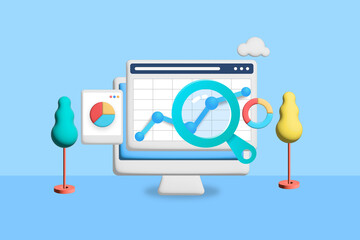 3d - Data analysis, business and financial growth report with chart and diagram displays on virtual dashboard. Web traffic monitoring SEO conceptual rendered illustration. - obrazy, fototapety, plakaty