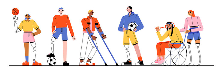 Sport people, paralympic athletes with different disabilities. Vector flat illustration of diverse active characters with prosthesis and in wheelchair with tennis racket, basketball and soccer balls