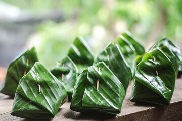 Banana leaf packaging.Non plastic or save environment concept.