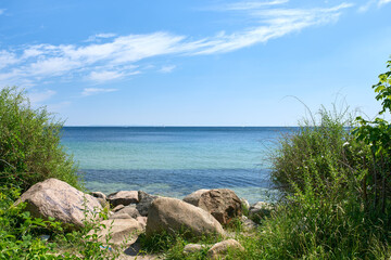 A shallow rocky coast on a calm quiet beach day during summer with grass growing on the shore. Scenic view of a crystal blue ocean with clear blue skies and white clouds during a warm summer day
