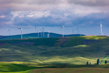 wind turbines on top of green rolling hills in Palouse in eastern Washington.