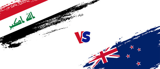 Creative Iraq vs New Zealand brush flag illustration. Artistic brush style two country flags relationship background
