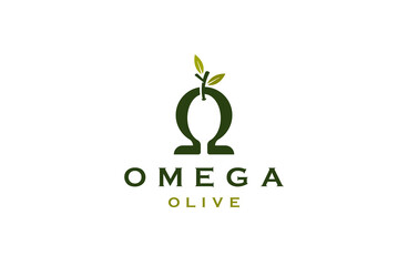 Omega symbol with olive shape logo icon design template flat vector illustration - obrazy, fototapety, plakaty