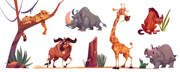 Wandcirkels Dierentuin Wilde Afrikaanse dieren, dierentuinkarakters. Vectorbeeldverhaalillustratie van schattige giraf, cheetah, neushoorn, nijlpaard, hyena, gnoe en savannelandschap met boom, zand en gras  © klyaksun