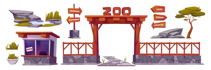 Foto op Canvas Zoo landscape elements, cartoon vector set, entrance with wooden arch, fence, open cashier booth. Zoological park collection with wood arrows pointers on pole, pond and green grass, stone path, tree © klyaksun