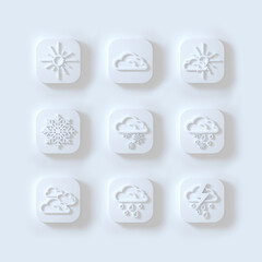 A set of 3d rendering meteorology icons in white on a white background.