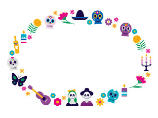 メキシコの死者の日のイラストの楕円形フレーム