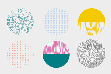 Contemporary modern trendy Vector illustration. Set of round Abstract colorful Backgrounds or Patterns. Drops, spots, curves, Lines. Posters, Social media Icons templates.