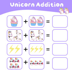 Obraz premium Math worksheet with unicorn theme. Learning how to counting for preschool children. Educational printable sheet. Vector illustration. 