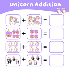 Math worksheet with unicorn theme. Learning how to counting for preschool children. Educational printable sheet. Vector illustration. 