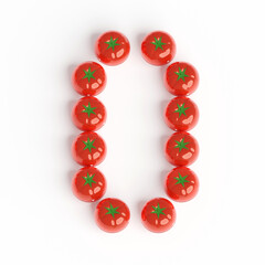 Number 0 from pomodoro kitchen timer. Font from shiny red plastic tomato timers. White background. Bright font for menu or food blog.