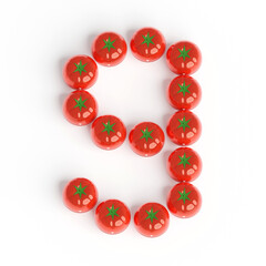 Number 9 from pomodoro kitchen timer. Font from shiny red plastic tomato timers. White background. Bright font for menu or food blog.