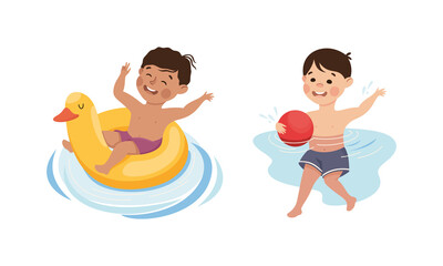 Little Boy in Trunks Swimming with Rubber Ring and Ball in Water Vector Set